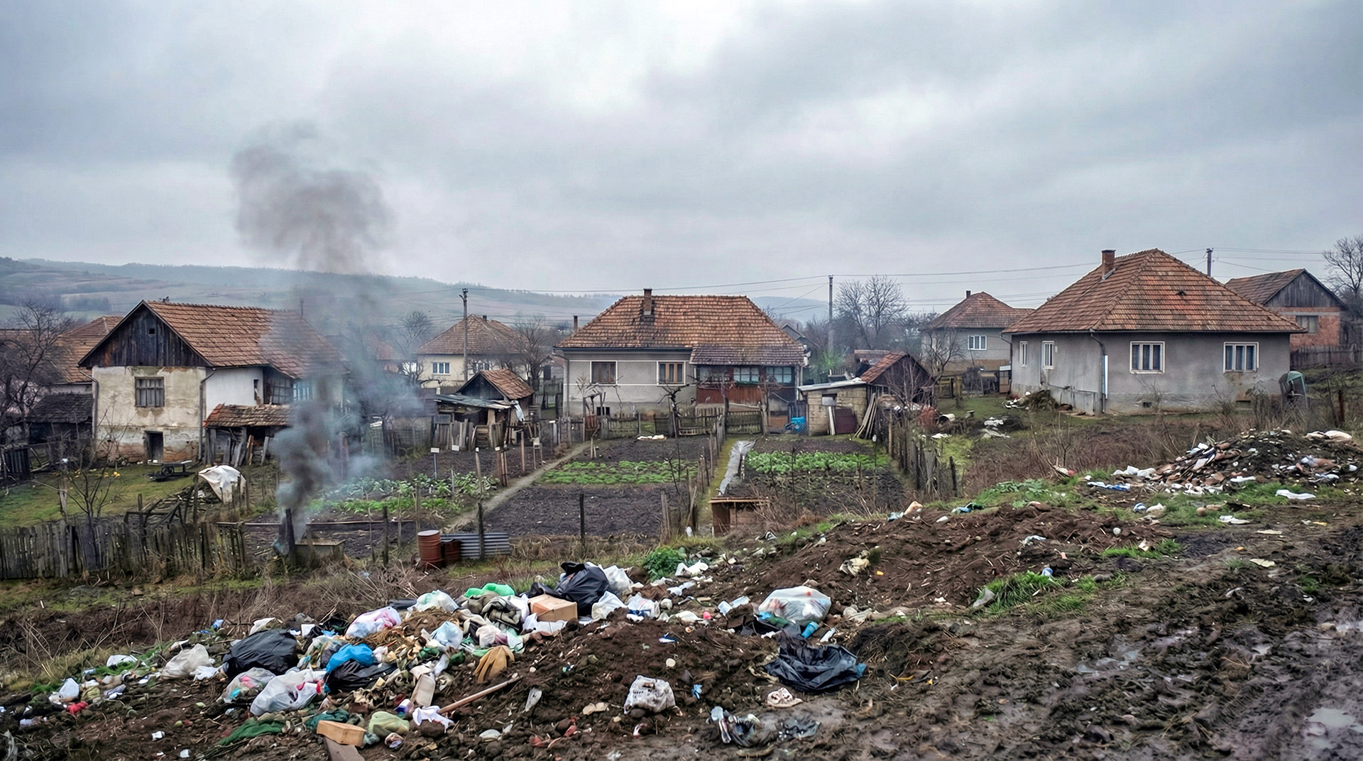 freepik a rural romanian landscape with small houses and gardens where thin columns of dark smoke rise from backyard fires piles of mixed waste partially buried site